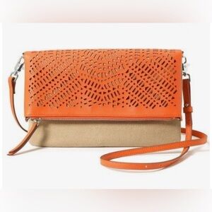 STELLA & DOT 3-way Versatile Waverly handbag in Fresh Orange & Natural Linen.
